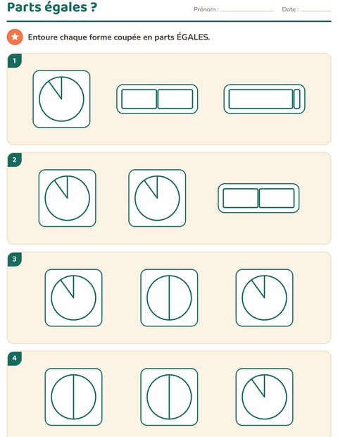 Aperçu de la fiche Fractions pour CE1 (cours élémentaire 1)