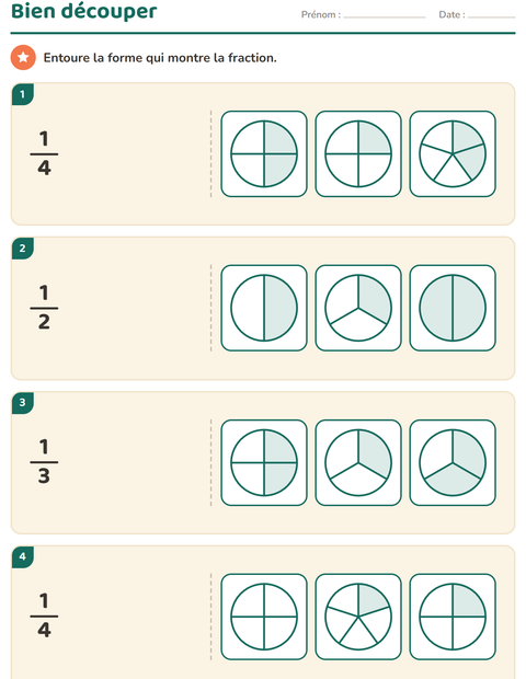 Aperçu de la fiche Fractions pour CE1 (cours élémentaire 1)