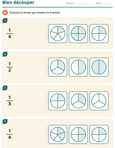 Aperçu de la fiche Fractions pour CE1 (cours élémentaire 1)