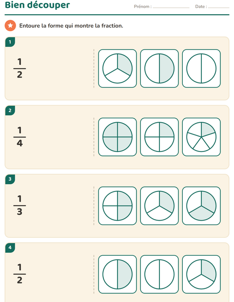Aperçu de la fiche Fractions pour CE1 (cours élémentaire 1)