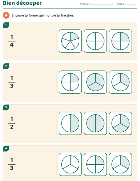 Aperçu de la fiche Fractions pour CE1 (cours élémentaire 1)