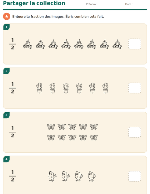 Aperçu de la fiche Fractions avec Nature NB pour CE1 (cours élémentaire 1)