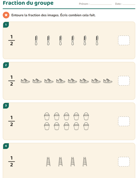 Aperçu de la fiche Fractions avec Objets NB pour CE2 (cours élémentaire 2)