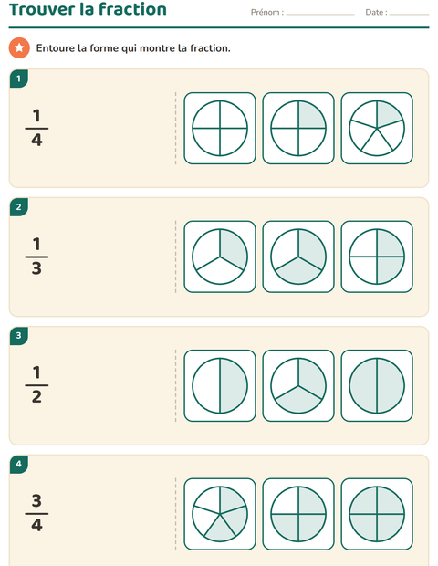 Aperçu de la fiche Fractions pour CE1 (cours élémentaire 1)