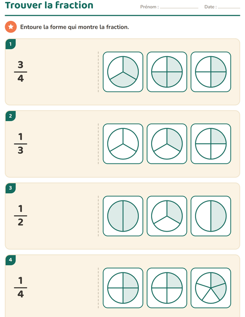 Aperçu de la fiche Fractions pour CE1 (cours élémentaire 1)