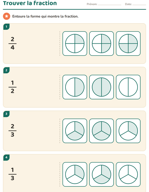 Aperçu de la fiche Fractions pour CE1 (cours élémentaire 1)