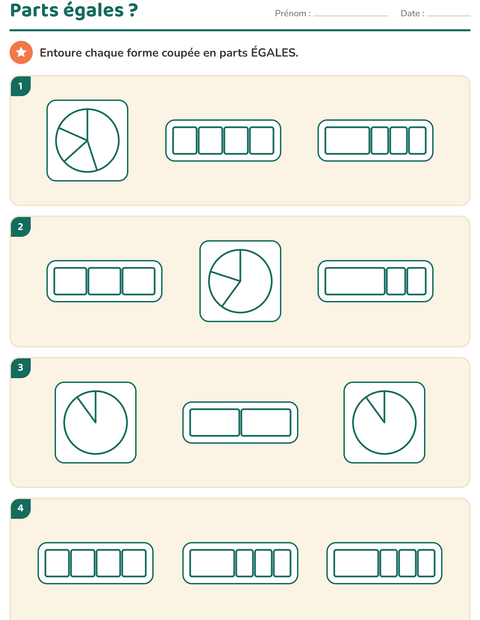 Aperçu de la fiche Fractions pour CE1 (cours élémentaire 1)