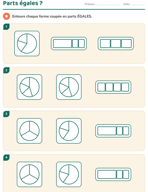 Aperçu de la fiche Fractions pour CE1 (cours élémentaire 1)