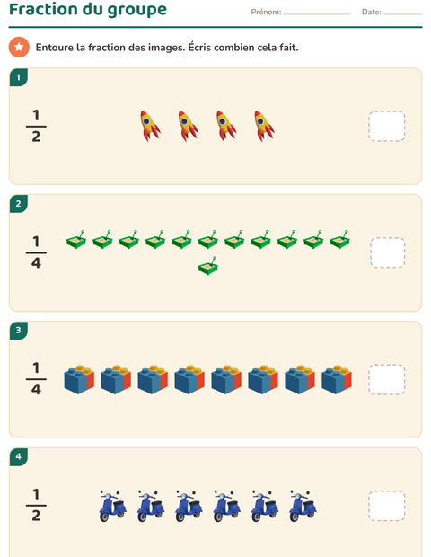 Aperçu de la fiche Fractions avec Jouets pour CE2 (cours élémentaire 2)