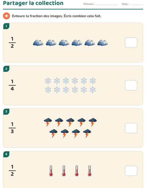 Aperçu de la fiche Fractions avec Météo pour CE1 (cours élémentaire 1)