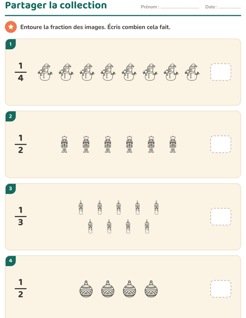 Aperçu de la fiche Fractions avec Noël N&B 2 pour CE1 (cours élémentaire 1)