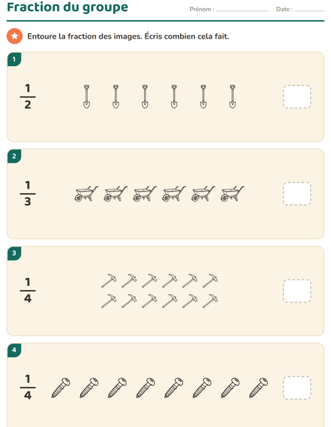 Aperçu de la fiche Fractions avec Outils NB pour CE2 (cours élémentaire 2)