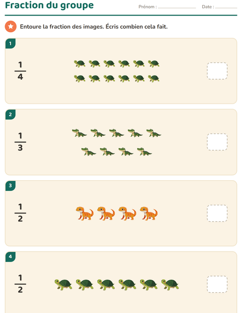 Aperçu de la fiche Fractions avec Reptiles et amphibiens pour CE2 (cours élémentaire 2)