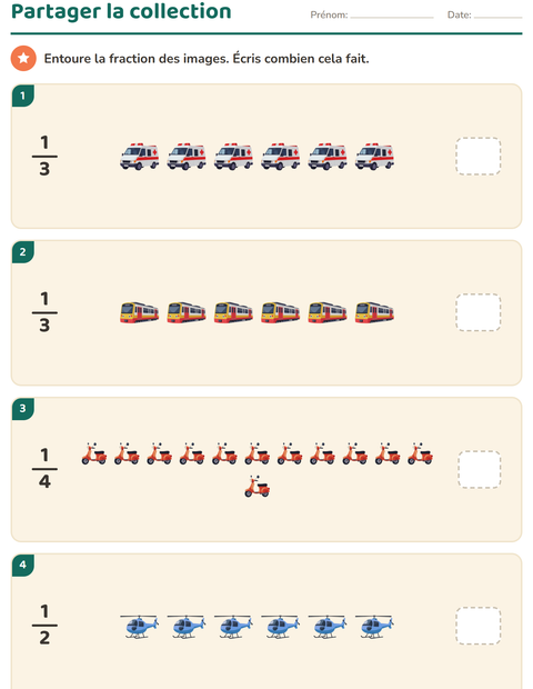 Aperçu de la fiche Fractions avec Véhicules pour CE1 (cours élémentaire 1)