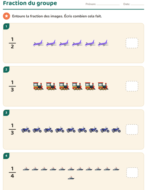 Aperçu de la fiche Fractions avec Véhicules pour CE2 (cours élémentaire 2)
