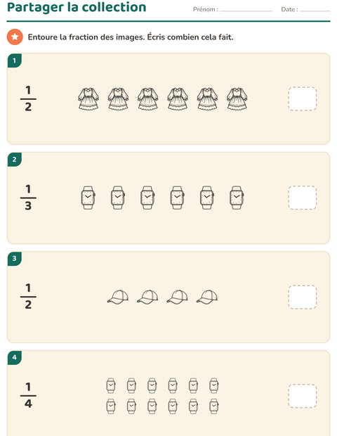 Aperçu de la fiche Fractions avec Vêtements NB pour CE1 (cours élémentaire 1)