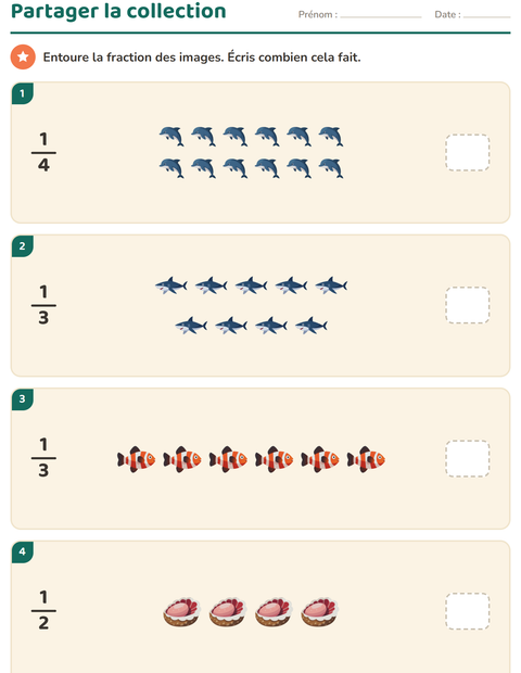 Aperçu de la fiche Fractions avec Vie océanique pour CE1 (cours élémentaire 1)