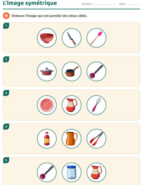 Aperçu de la fiche Géométrie avec Ustensiles de cuisine pour CE1 (cours élémentaire 1)