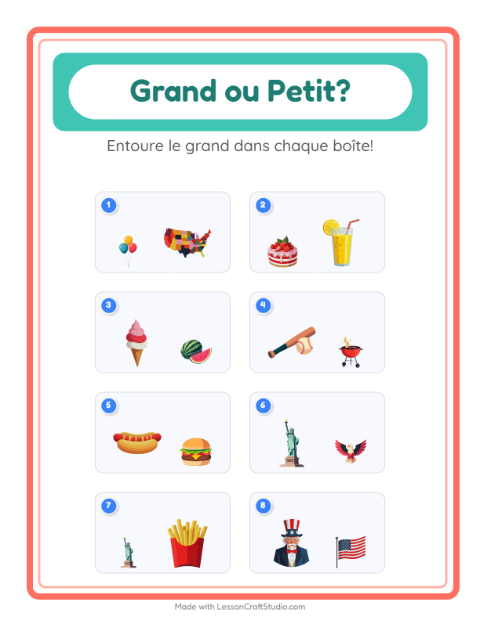 Aperçu de la fiche Grand Ou Petit avec 4 juillet pour École maternelle (petite/moyenne section, 3-5 ans)