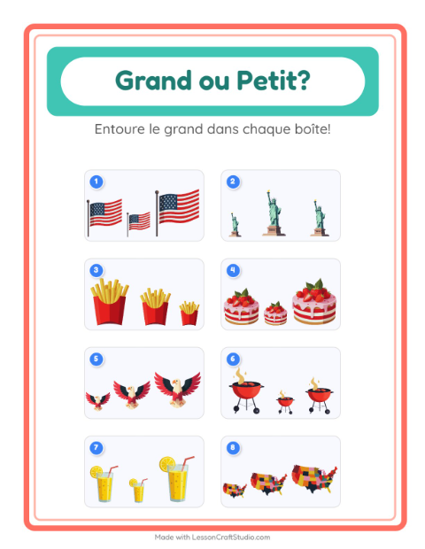 Aperçu de la fiche Grand Ou Petit avec 4 juillet pour École maternelle (petite/moyenne section, 3-5 ans)