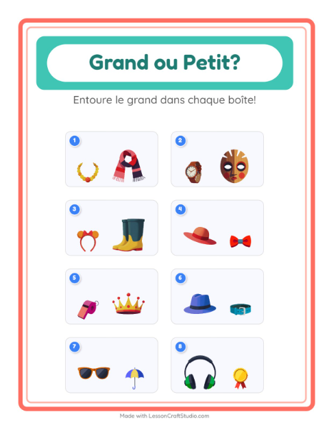 Aperçu de la fiche Grand Ou Petit avec Accessoires pour École maternelle (petite/moyenne section, 3-5 ans)