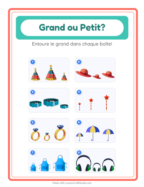 Aperçu de la fiche Grand Ou Petit avec Accessoires pour École maternelle (petite/moyenne section, 3-5 ans)