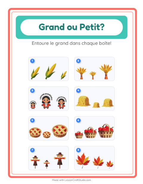 Aperçu de la fiche Grand Ou Petit avec Action de grâce pour École maternelle (petite/moyenne section, 3-5 ans)