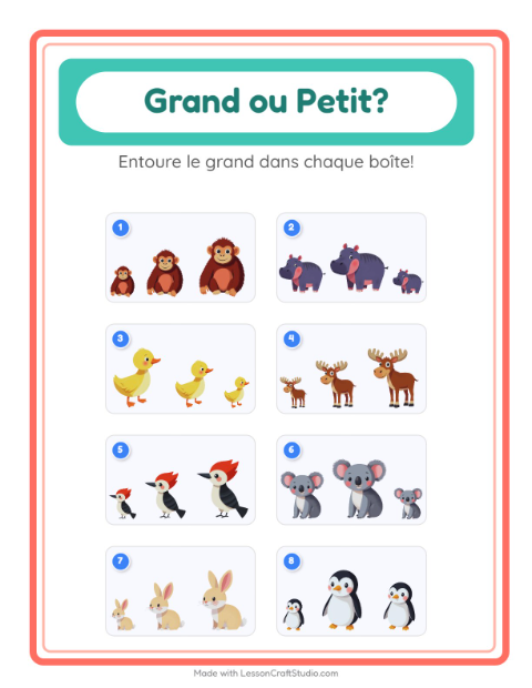 Aperçu de la fiche Grand Ou Petit avec Animaux pour École maternelle (petite/moyenne section, 3-5 ans)