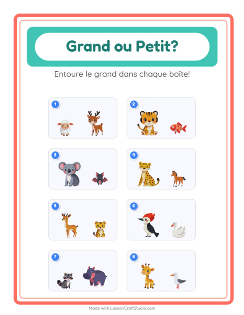 Aperçu de la fiche Grand Ou Petit avec Animaux pour École maternelle (petite/moyenne section, 3-5 ans)
