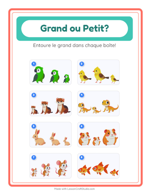 Aperçu de la fiche Grand Ou Petit avec Animaux de compagnie pour École maternelle (petite/moyenne section, 3-5 ans)