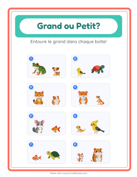Aperçu de la fiche Grand Ou Petit avec Animaux de compagnie pour École maternelle (petite/moyenne section, 3-5 ans)
