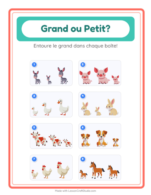 Aperçu de la fiche Grand Ou Petit avec Animaux de la ferme pour École maternelle (petite/moyenne section, 3-5 ans)