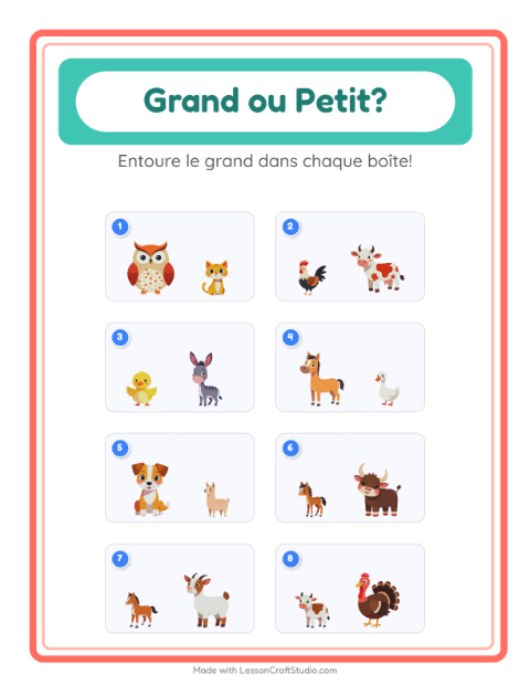 Aperçu de la fiche Grand Ou Petit avec Animaux de la ferme pour École maternelle (petite/moyenne section, 3-5 ans)