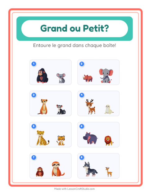 Aperçu de la fiche Grand Ou Petit avec Animaux du zoo pour École maternelle (petite/moyenne section, 3-5 ans)