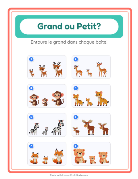 Aperçu de la fiche Grand Ou Petit avec Animaux du zoo pour École maternelle (petite/moyenne section, 3-5 ans)
