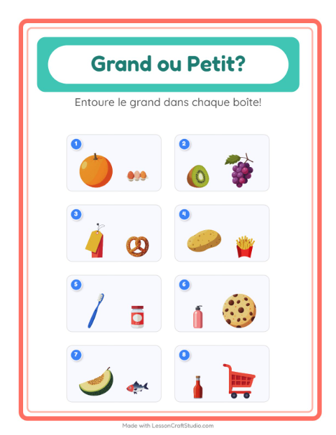 Aperçu de la fiche Grand Ou Petit avec Au supermarché pour École maternelle (petite/moyenne section, 3-5 ans)