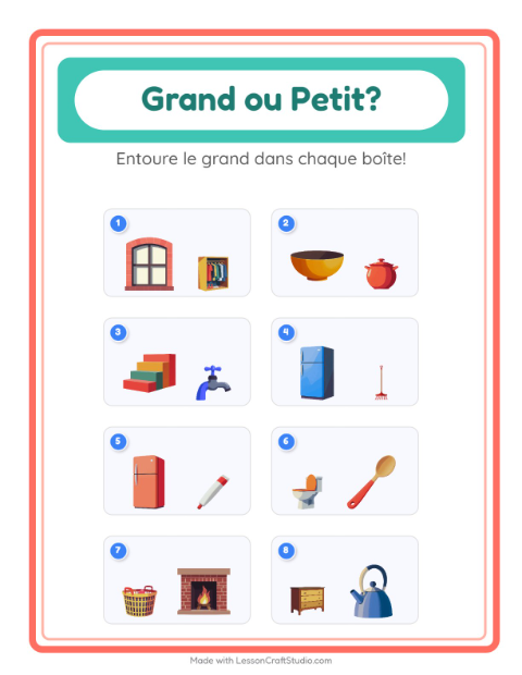 Aperçu de la fiche Grand Ou Petit avec Autour de la maison pour École maternelle (petite/moyenne section, 3-5 ans)
