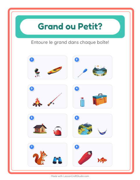 Aperçu de la fiche Grand Ou Petit avec Camping pour École maternelle (petite/moyenne section, 3-5 ans)