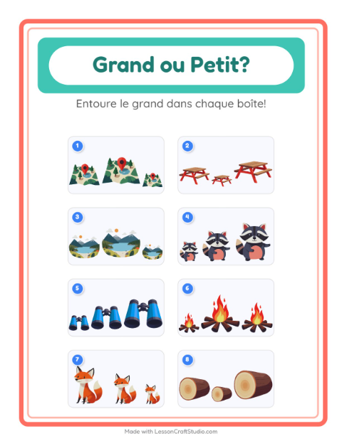 Aperçu de la fiche Grand Ou Petit avec Camping pour École maternelle (petite/moyenne section, 3-5 ans)