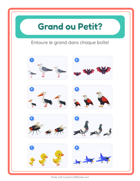 Aperçu de la fiche Grand Ou Petit avec Choses qui volent pour École maternelle (petite/moyenne section, 3-5 ans)