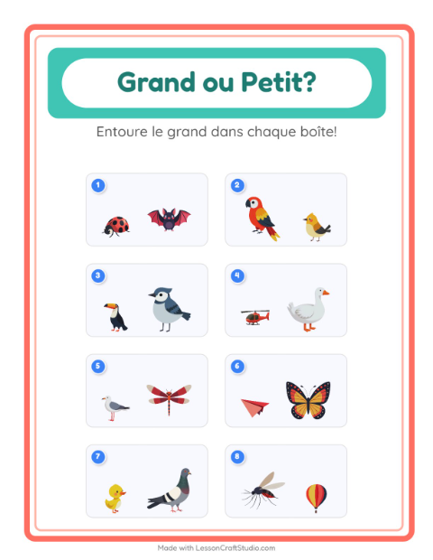 Aperçu de la fiche Grand Ou Petit avec Choses qui volent pour École maternelle (petite/moyenne section, 3-5 ans)