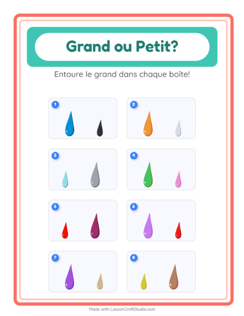 Aperçu de la fiche Grand Ou Petit avec Couleurs pour École maternelle (petite/moyenne section, 3-5 ans)