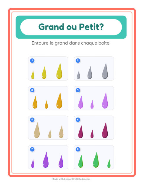 Aperçu de la fiche Grand Ou Petit avec Couleurs pour École maternelle (petite/moyenne section, 3-5 ans)