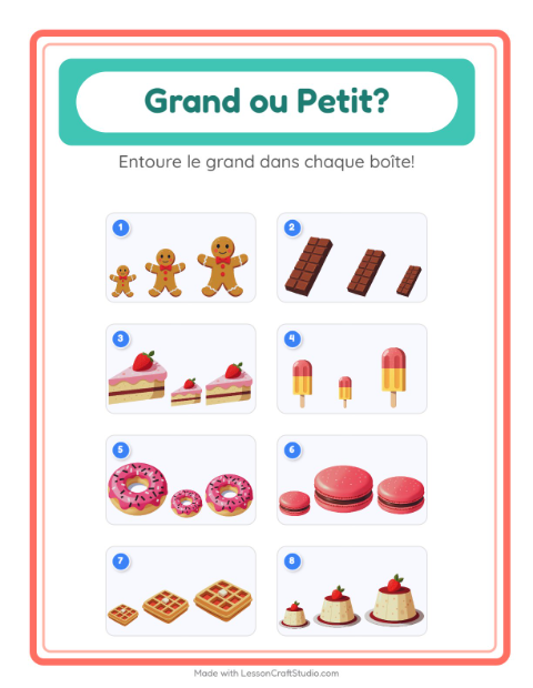 Aperçu de la fiche Grand Ou Petit avec Desserts et sucreries pour École maternelle (petite/moyenne section, 3-5 ans)