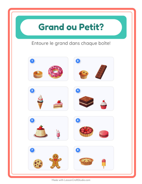 Aperçu de la fiche Grand Ou Petit avec Desserts et sucreries pour École maternelle (petite/moyenne section, 3-5 ans)