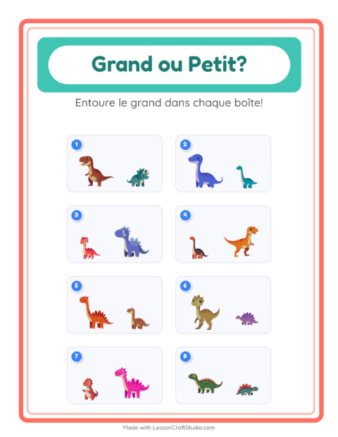 Aperçu de la fiche Grand Ou Petit avec Dinosaures pour École maternelle (petite/moyenne section, 3-5 ans)