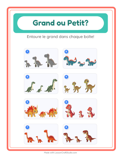 Aperçu de la fiche Grand Ou Petit avec Dinosaures pour École maternelle (petite/moyenne section, 3-5 ans)