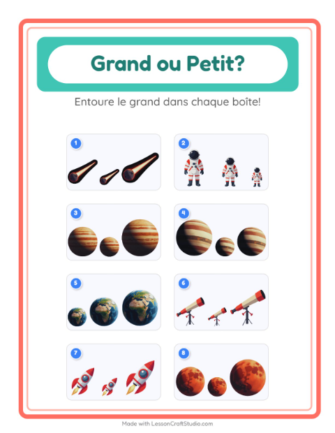Aperçu de la fiche Grand Ou Petit avec Espace pour École maternelle (petite/moyenne section, 3-5 ans)