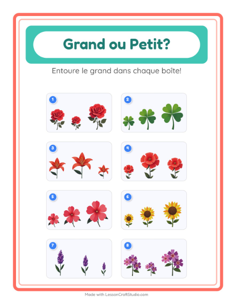 Aperçu de la fiche Grand Ou Petit avec Fleurs pour École maternelle (petite/moyenne section, 3-5 ans)