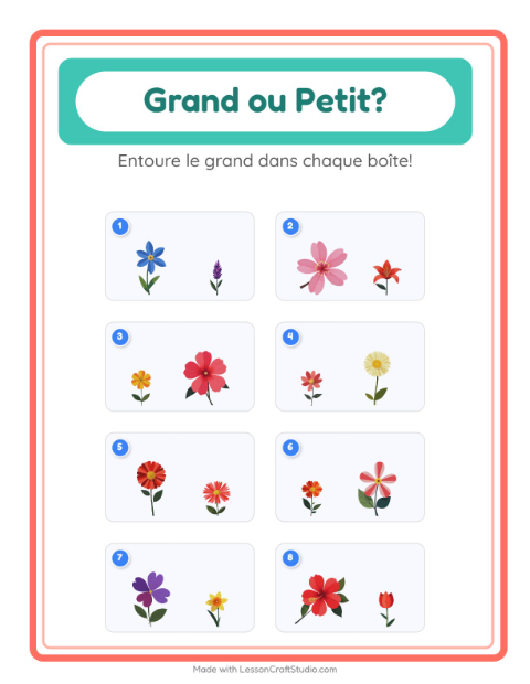 Aperçu de la fiche Grand Ou Petit avec Fleurs pour École maternelle (petite/moyenne section, 3-5 ans)